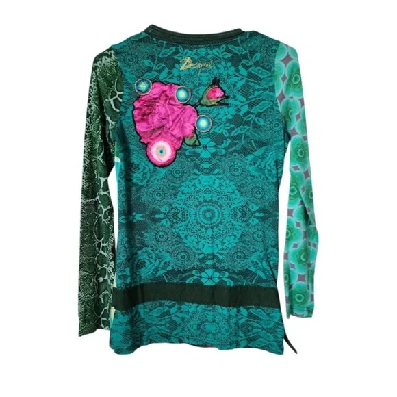 DESIGUAL Patchwork Graphic Long Sleeve Top Multicolor Boho Artsy Eclectic Size S - Picture 2 of 3
